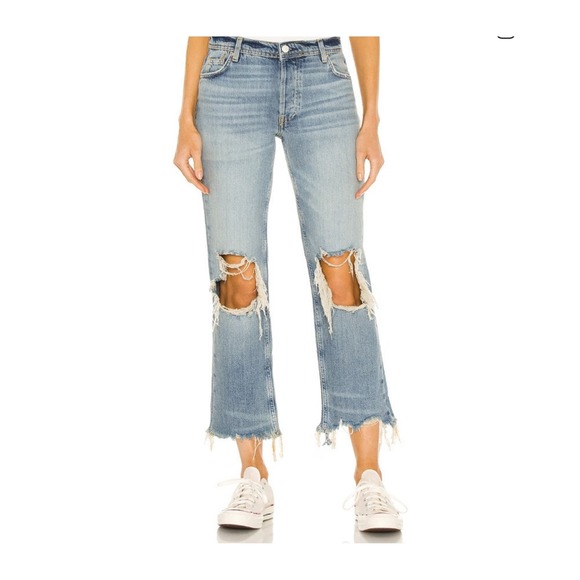 We The Free Denim - WE THE FREE High Rise Distressed Ripped Straight Leg Jeans Light Wash Size‎ 25